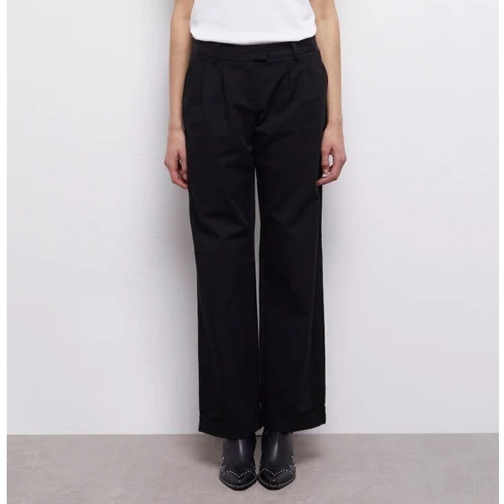 The Kooples Wide Leg Pant 100% Cotton Pleated Front Trousers Black NWT M FR8